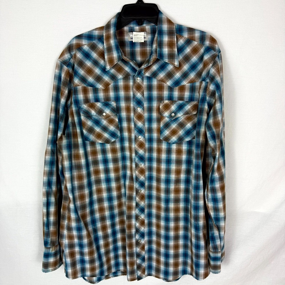 Vtg Wrangler Western Shirt Mens XLT Blue Brown Plaid Dual Flap Pocket Snap Front